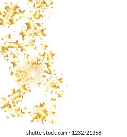 Gold star confetti on white background.  Flying shiny sparkle shower. Abstract vector colorful confetti. Birthday party backdrop. New Year card template