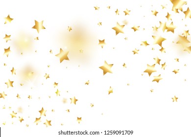 Gold star confetti on white background.  Flying shiny sparkle particles. Holiday vector colorful confetti. Birthday party backdrop. Surprise card template
