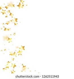 Gold star confetti on white background.  Flying shiny sparkle shower. Abstract vector colorful confetti. Sparkle bright decoration backdrop. Surprise card template