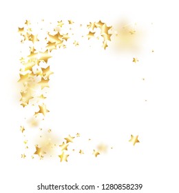 Gold star confetti on white background.  Flying shiny sparkle shower. Abstract vector colorful confetti. Sparkle bright decoration backdrop. Surprise card template