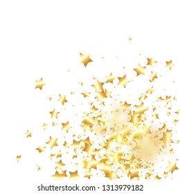 Gold star confetti on white background.  Flying shiny sparkle particles. Holiday vector colorful confetti. Sparkle bright decoration backdrop. New Year card template