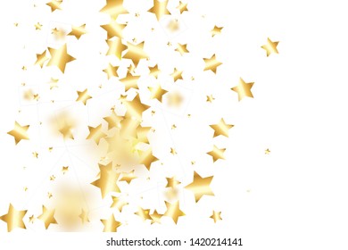 Gold star confetti on white background.  Minimalistic fallen particle. Holiday vector colorful confetti. Birthday party backdrop. Surprise card template