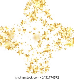 Gold star confetti on white background.  Flying shiny sparkle particles. Holiday vector colorful confetti. Sparkle bright decoration backdrop. New Year card template
