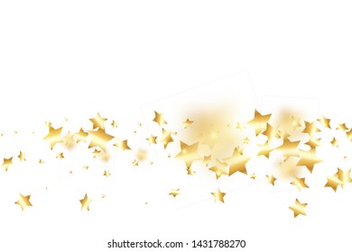 Gold star confetti on white background.  Flying shiny sparkle shower. Holiday vector colorful confetti. Sparkle bright decoration backdrop. Surprise card template