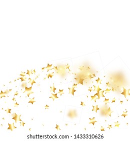 Gold star confetti on white background.  Minimalistic fallen particle. Abstract vector colorful confetti. Sparkle bright decoration backdrop. Surprise card template