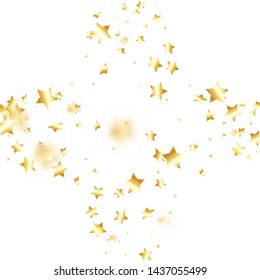 Gold star confetti on white background.  Flying shiny sparkle shower. Holiday vector colorful confetti. Birthday party backdrop. Surprise card template