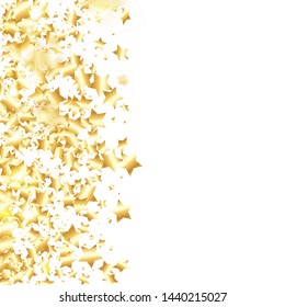 Gold star confetti on white background.  Flying shiny sparkle shower. Abstract vector colorful confetti. Birthday party backdrop. New Year card template
