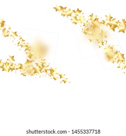 Gold star confetti on white background.  Flying shiny sparkle shower. Holiday vector colorful confetti. Sparkle bright decoration backdrop. Christmas card template