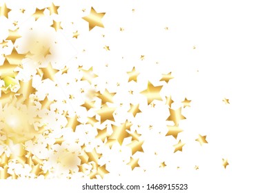 Gold star confetti on white background.  Minimalistic fallen particle. Abstract vector colorful confetti. Birthday party backdrop. Surprise card template
