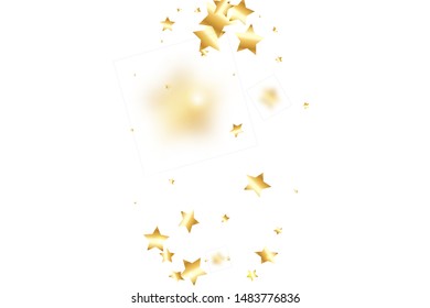 Gold star confetti on white background.  Minimalistic fallen particle. Abstract vector colorful confetti. Birthday party backdrop. New Year card template