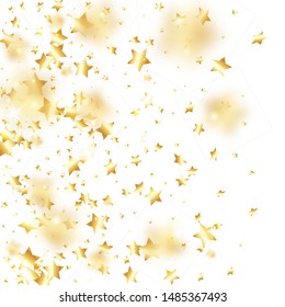 Gold star confetti on white background.  Flying shiny sparkle particles. Holiday vector colorful confetti. Sparkle bright decoration backdrop. Surprise card template