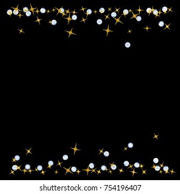 Gold star Confetti pattern with beautiful blue planets on black background. Gentle Gold Yellow Stars and Blue Planets for your project. Starlight Night. Astral Design. Modern Creative Pattern. Vector