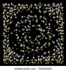 Gold star Confetti pattern with beautiful blue planets on black background. Gentle Gold Yellow Stars and Blue Planets for your project. Starlight Night. Astral Design. Modern Creative Pattern. Vector