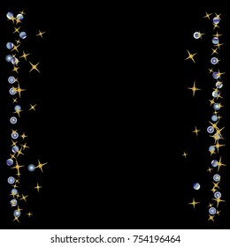 Gold star Confetti pattern with beautiful blue planets on black background. Gentle Gold Yellow Stars and Blue Planets for your project. Starlight Night. Astral Design. Modern Creative Pattern. Vector