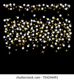 Gold star Confetti pattern with beautiful blue planets on black background. Gentle Gold Yellow Stars and Blue Planets for your project. Starlight Night. Astral Design. Modern Creative Pattern. Vector