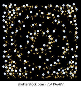 Gold star Confetti pattern with beautiful blue planets on black background. Gentle Gold Yellow Stars and Blue Planets for your project. Starlight Night. Astral Design. Modern Creative Pattern. Vector