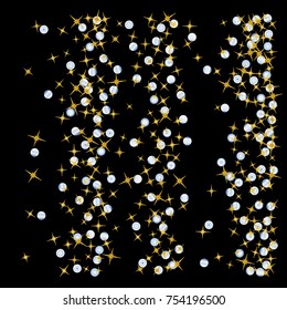 Gold star Confetti pattern with beautiful blue planets on black background. Gentle Gold Yellow Stars and Blue Planets for your project. Starlight Night. Astral Design. Modern Creative Pattern. Vector