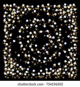 Gold star Confetti pattern with beautiful blue planets on black background. Gentle Gold Yellow Stars and Blue Planets for your project. Starlight Night. Astral Design. Modern Creative Pattern. Vector