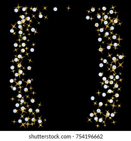 Gold star Confetti pattern with beautiful blue planets on black background. Gentle Gold Yellow Stars and Blue Planets for your project. Starlight Night. Astral Design. Modern Creative Pattern. Vector
