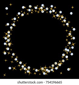 Gold star Confetti pattern with beautiful blue planets on black background. Gentle Gold Yellow Stars and Blue Planets for your project. Starlight Night. Astral Design. Modern Creative Pattern. Vector