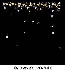 Gold star Confetti pattern with beautiful blue planets on black background. Gentle Gold Yellow Stars and Blue Planets for your project. Starlight Night. Astral Design. Modern Creative Pattern. Vector