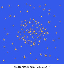 Gold star Confetti pattern. Starlight Night. Blue background. Astral Design. Confetti Fall Chaotic Decor. Modern Creative Pattern. Gentle Gold Yellow Pattern for your project. Vector