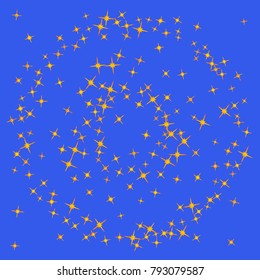 Gold star Confetti pattern. Starlight Night. Blue background. Astral Design. Confetti Fall Chaotic Decor. Modern Creative Pattern. Gentle Gold Yellow Pattern for your project. Vector
