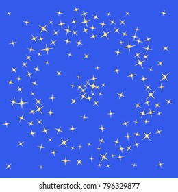 Gold star Confetti pattern. Starlight Night. Blue background. Astral Design. Confetti Fall Chaotic Decor. Modern Creative Pattern. Gentle Gold Yellow Pattern for your project. Vector