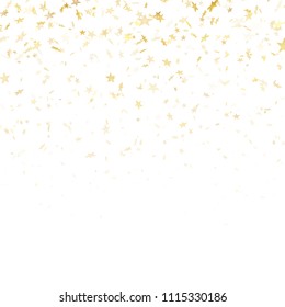 Gold star confetti rain festive pattern effect. Golden volume stars falling down isolated on white background. EPS 10