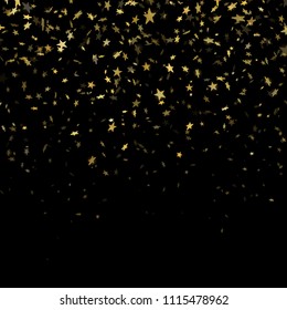 Gold star confetti rain festive pattern effect. Golden volume stars falling down isolated on black background. EPS 10