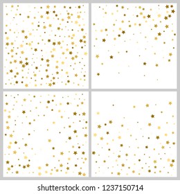 Gold star confetti rain festive holiday backgrounds set. Vector golden paper foil stars falling down isolated on white backgrounds.