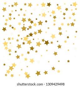 Gold star confetti rain festive holiday background. Vector golden paper foil stars falling down isolated on white background.