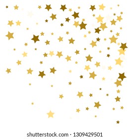 Gold star confetti rain festive holiday background. Vector golden paper foil stars falling down isolated on white background.