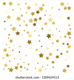 Gold star confetti rain festive holiday background. Vector golden paper foil stars falling down isolated on white background.