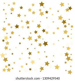 Gold star confetti rain festive holiday background. Vector golden paper foil stars falling down isolated on white background.