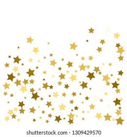 Gold star confetti rain festive holiday background. Vector golden paper foil stars falling down isolated on white background.