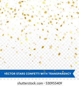Gold Star Confetti Rain Festive Holiday Background. Vector Golden Paper Foil Stars Falling Down Isolated On Transparent Background.
