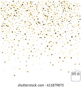 Gold star confetti rain festive holiday background. Vector golden paper foil stars falling down isolated on transparent background.