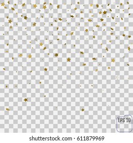 Gold Star Confetti Rain Festive Holiday Background. Vector Golden Paper Foil Stars Falling Down Isolated On Transparent Background.