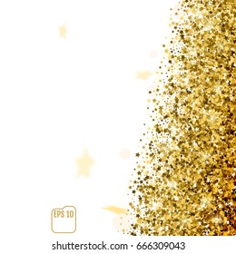 Gold star confetti rain festive holiday background. Golden stars Confetti. Vector Festive Illustration of Falling Shiny Confetti Glitters Isolated on White Background.