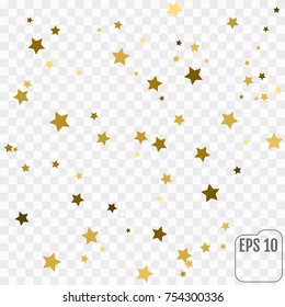 Gold star confetti rain festive holiday background. Vector golden paper foil stars falling down isolated on transparent background.