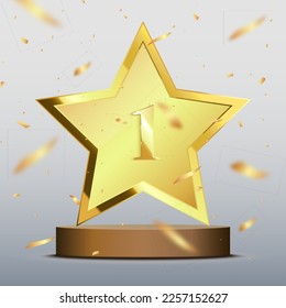 Gold star with confetti. Winner background. 