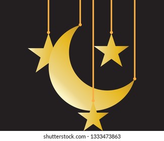 Gold Star and Crescent Gold Logo Vector in Elegant Style with Black Background - Vector