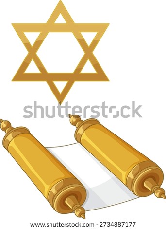 Gold Star of David above an open Torah scroll on a white background vector illustration