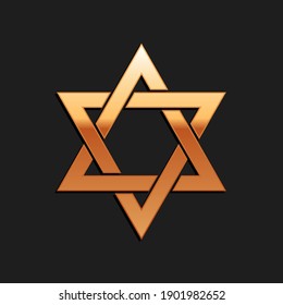 Gold Star of David icon isolated on black background. Jewish religion symbol. Long shadow style. Vector.