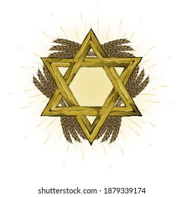 Gold Star of David in a wreath of wheat.