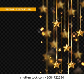 Gold star decorations with old lamps hanging on golden ribbon. Background of bright bokeh flares. Decor vintage lanterns