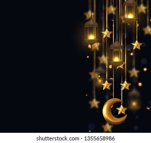 Gold star decorations with old lamps hanging on golden ribbon. Background of bright bokeh flares. Decor vintage lanterns and crescent Vector illustration 