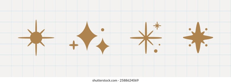 Gold star and diamond shapes on grid paper. Star shapes, diamond shapes, and gold accents create a celestial theme. Grid paper enhances the geometric design. Festive element set. Vectors.