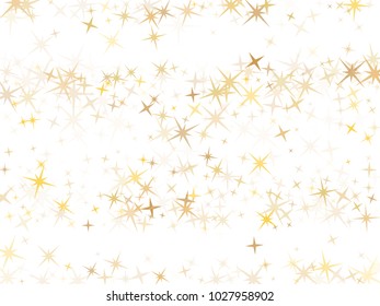 Gold star dust sparkle vector on white. Vintage cosmic background with gold star elements flying. Gold glitter dust confetti, magic shining sparkles scatter vector. Starry poster background.